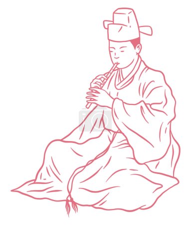 Téléchargez les illustrations : Musique traditionnelle coréenne - Musiciens jouant de la flûte - en licence libre de droit