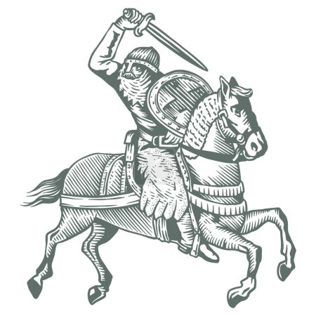 Ilustración de Caballero armado medieval montando un caballo. Carácter militar antiguo histórico - Imagen libre de derechos