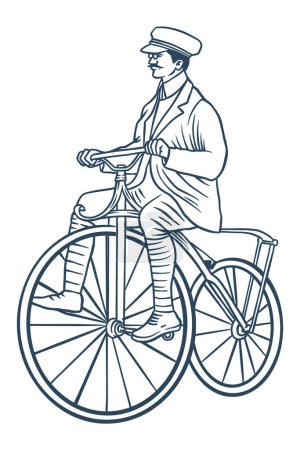 Téléchargez les illustrations : Homme sur rétro vintage vieux vélo vecteur illustration - en licence libre de droit