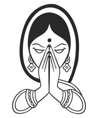 Illustration for Indian woman in traditional dress pose to Namaste - Out line - Royalty Free Image