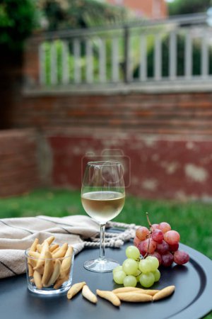 Téléchargez les photos : Un verre de vin blanc avec des entrées sur la table de jardin. - en image libre de droit