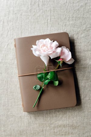 Foto de Una rosa de jardín se encuentra en un bloc de notas. - Imagen libre de derechos