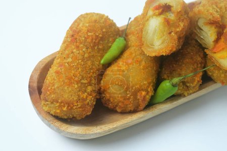 Close up photo of Indonesian food with a mixture of flour, eggs and vegetables which is often called "Risol" or "Risoles" with a white background, isolated white