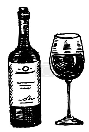 Téléchargez les illustrations : A bottle of wine. Pencil drawing for the menu. Coloring. Sketch - en licence libre de droit