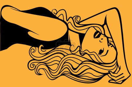 Téléchargez les illustrations : Woman with beautiful hair lies on a yellow background - en licence libre de droit