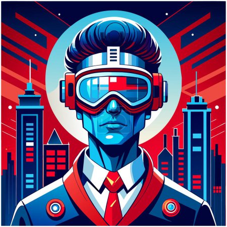 Illustration for Man in virtual glasses in techno city - Royalty Free Image