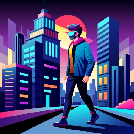 a man in virtual glasses walks through the city at night