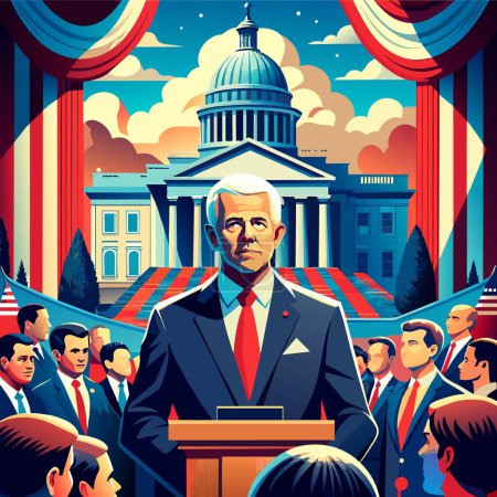 Illustration for American elections, the winning candidate against the backdrop of the white house - Royalty Free Image