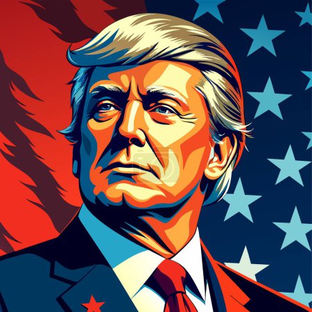 Téléchargez les illustrations : Le visage ferme de Trump sur fond de drapeau - en licence libre de droit