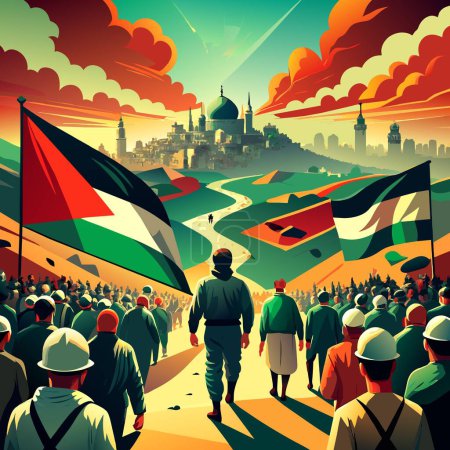 Illustration for Palestinian people with flags march to Jerusalem - Royalty Free Image