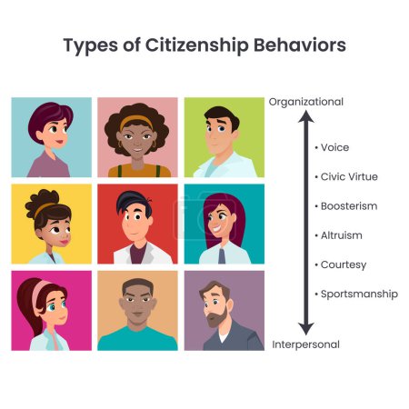 Téléchargez les illustrations : Types de comportements de citoyenneté illustration vectorielle infographie - en licence libre de droit