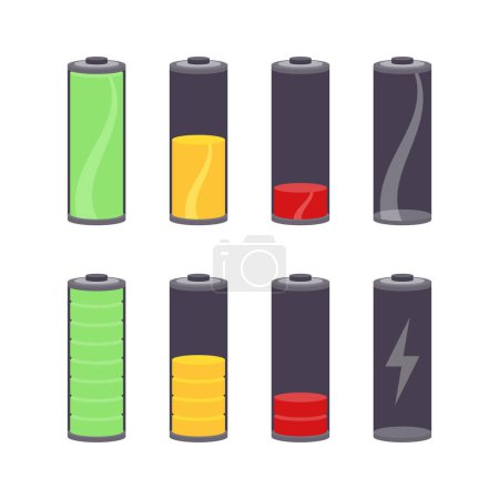Illustration for Batteries at different stages of charging vector graphic icon set - Royalty Free Image