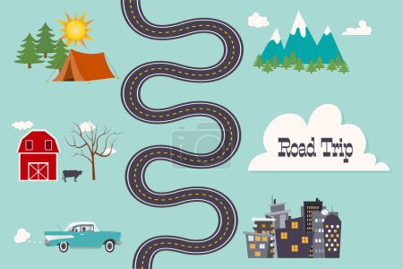 Illustration for Infographic roadmap for adventures while on a road trip - Royalty Free Image