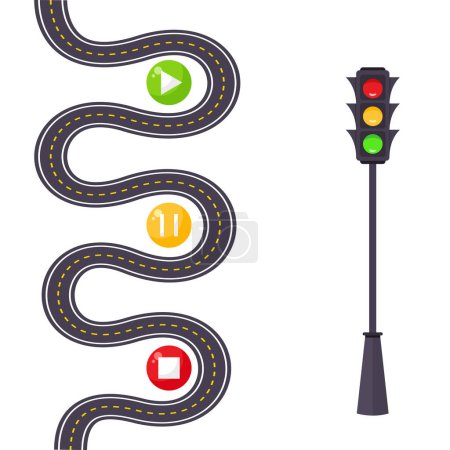 Ilustración de La vida es una hoja de ruta conceptual de la carretera con botones de inicio, pausa y reproducción a lo largo de la ruta controlada por un semáforo - Imagen libre de derechos
