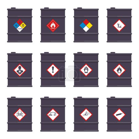 Set of icon chemical barrels with NFPA hazard pictogram symbols