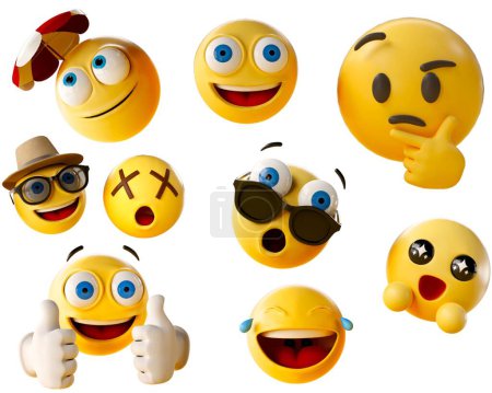 3D sweet emojis. Smiley face, confused face, thinking face, face with glasses. 
