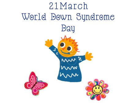 Téléchargez les photos : 21 mars Journée mondiale du syndrome de Down. Joyeux garçon, papillon, fleur colorée. - en image libre de droit