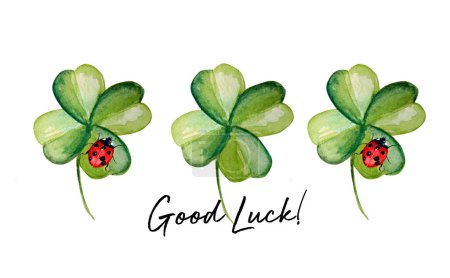 Photo for Good luck! Hand drawing artwork. Green clover with ladybug. - Royalty Free Image