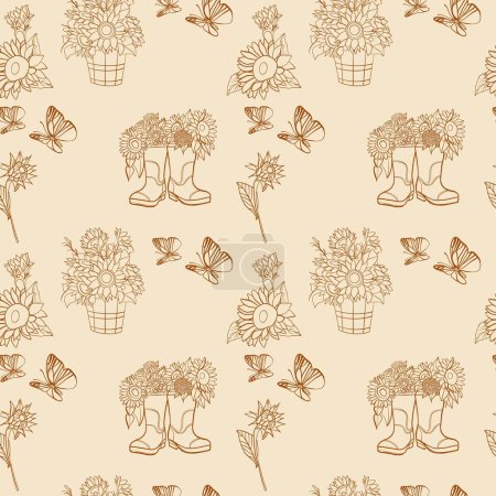 Illustration for Seamless pattern with brown flowers, butterflies, butterfly, butterfly and butterfly - Royalty Free Image