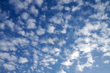 Photo for White cumulus clouds on clear blue sky background panorama, beautiful cloudscape wide panoramic view, cloudy skies backdrop - Royalty Free Image