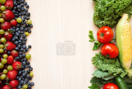 Photo for Healthy food. Vegetables and fruits on wood background. Banner Top view. - Royalty Free Image