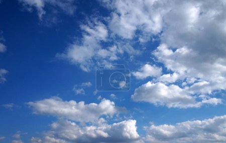Photo for White cumulus clouds on clear blue sky background panorama, beautiful cloudscape wide panoramic view, cloudy skies backdrop - Royalty Free Image