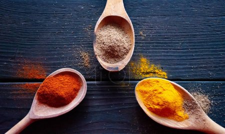 Photo for Spices and condiments, curcuma, caraway, paprika, turmeric in wooden spoons on a black wooden background - Royalty Free Image