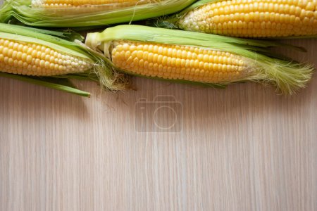 Photo for Organic corn cobs on wood background. Grains of ripe corn on light wooden background. - Royalty Free Image