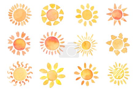 Foto de Acuarela símbolo del sol aislado sobre fondo blanco. Aquarelle tradicional pintado a mano colección de iconos del sol - Imagen libre de derechos