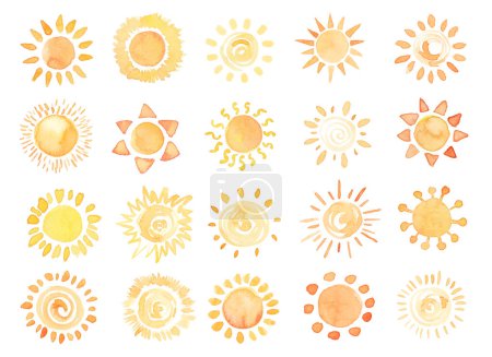 Téléchargez les photos : Symbole solaire aquarelle isolé sur fond blanc. Aquarelle collection traditionnelle d'icônes du soleil peintes à la main - en image libre de droit
