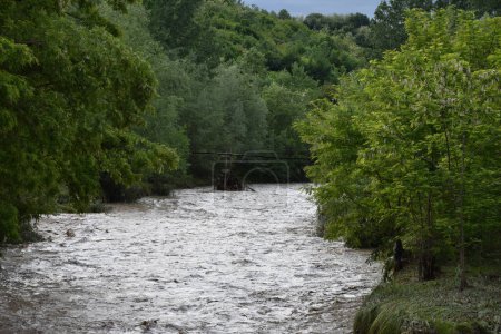 Foto de Río Bizdidel visto desde el puente de la aldea Diaconesti, Dambovita, Rumania, 2021, primavera. Aguas del río Muddy - Imagen libre de derechos