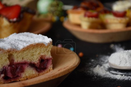 Photo for Sponge cake with cherries, close up. Homemade cherries cake. High quality photo - Royalty Free Image