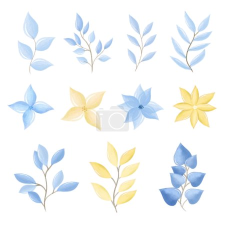 Photo for Watercolor blue and yellow flowers and leaves set. High quality photo - Royalty Free Image