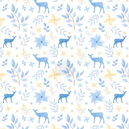 Foto de Patrón azul invierno sin costuras. Patrón azul acuarela con flores, hojas y ciervos. Foto de alta calidad - Imagen libre de derechos