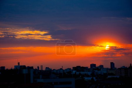 Photo for Bucharest city skyline view seen from Piata Muncii at sunset. Bucharest city silhouette at sunrise, sunset, Romania. Panoramic urban view of Bucharest city. High quality photo - Royalty Free Image