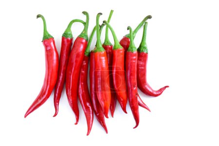 Photo for Hot peppers isolated on white background, top view, in line. Cayenne pepper, Anaheim Pepper, long red peppers isolated. High quality photo - Royalty Free Image