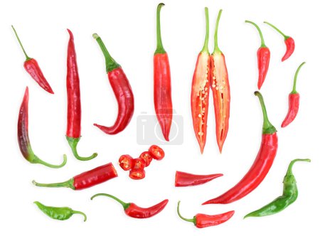 Photo for Red hot chili peppers. Long peppers, small peppers, sliced peppers and cross section of a chili pepper. High quality photo - Royalty Free Image
