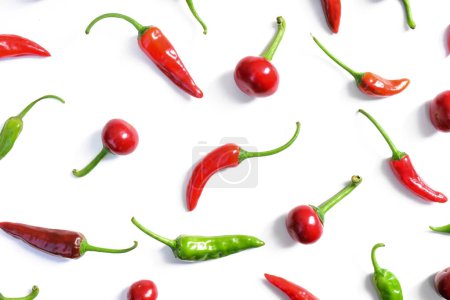 Hot chilli peppers pattern. Cayenne peppers isolated on white background. Fresno hot peppers pattern. Red and green peppers
