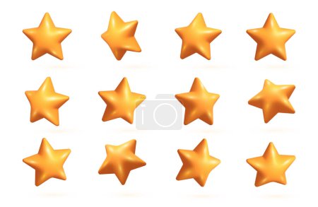 Foto de Estrellas naranjas 3D establecidas. Realistas estrellas naranjas 3d establecidas desde diferentes ángulos. Rotación 3d estrellas de dibujos animados estilo conjunto - Imagen libre de derechos