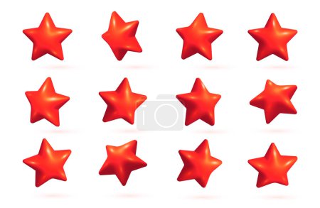 Téléchargez les photos : Ensemble d'étoiles rouges 3D. Étoiles rouges 3d réalistes placées sous différents angles. Rotation 3d étoiles de style dessin animé ensemble - en image libre de droit