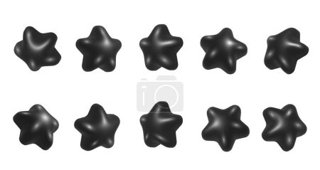 Foto de 3D estrellas negras establecidas. Realista 3d estrellas negras establecidas desde diferentes ángulos. Rotación 3d estrellas de dibujos animados estilo conjunto - Imagen libre de derechos