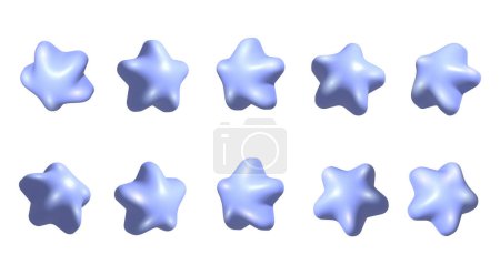 Téléchargez les photos : Ensemble d'étoiles bleues 3D. Des étoiles réalistes bleues 3d placées sous différents angles. Rotation 3d étoiles de style dessin animé ensemble - en image libre de droit