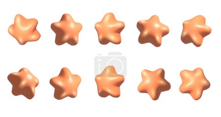 Foto de Set de estrellas de melocotón 3D. Realistas estrellas de melocotón 3d establecidos desde diferentes ángulos. Rotación 3d estrellas de dibujos animados estilo conjunto - Imagen libre de derechos