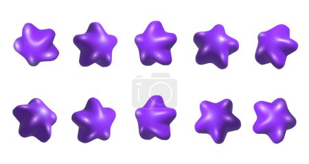 Téléchargez les photos : Ensemble d'étoiles violettes 3D. Étoiles réalistes violet 3d ensemble sous différents angles. Rotation 3d étoiles de style dessin animé ensemble - en image libre de droit