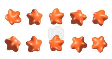 Téléchargez les photos : Ensemble d'étoiles orange 3D. Étoiles réalistes orange 3d placées sous différents angles. Rotation 3d étoiles de style dessin animé ensemble - en image libre de droit