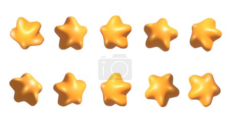 Téléchargez les photos : Etoiles jaunes en 3D. Des étoiles réalistes jaunes 3d placées sous différents angles. Rotation 3d étoiles de style dessin animé ensemble - en image libre de droit