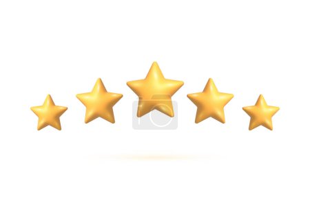 3d star rating. Five cartoon yellow 3D stars customer rating feedback. Achievement plastic glossy 3d stars. Realistic 3d five stars quality rating isolated on white background