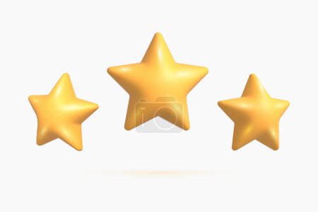 3d star rating. Tree cartoon yellow 3D stars customer rating feedback. Achievement plastic glossy 3d stars. Realistic 3d tree stars quality rating isolated on white background