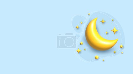 Photo for 3d crescent moon and yellow golden stars on blue background. Dreamy background for banner, mobile app design. 3d realistic half yellow moon. - Royalty Free Image
