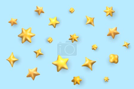 Photo for 3d cartoon yellow stars backdrop. A bunch of gold stars are floating in the air on a blue background - Royalty Free Image